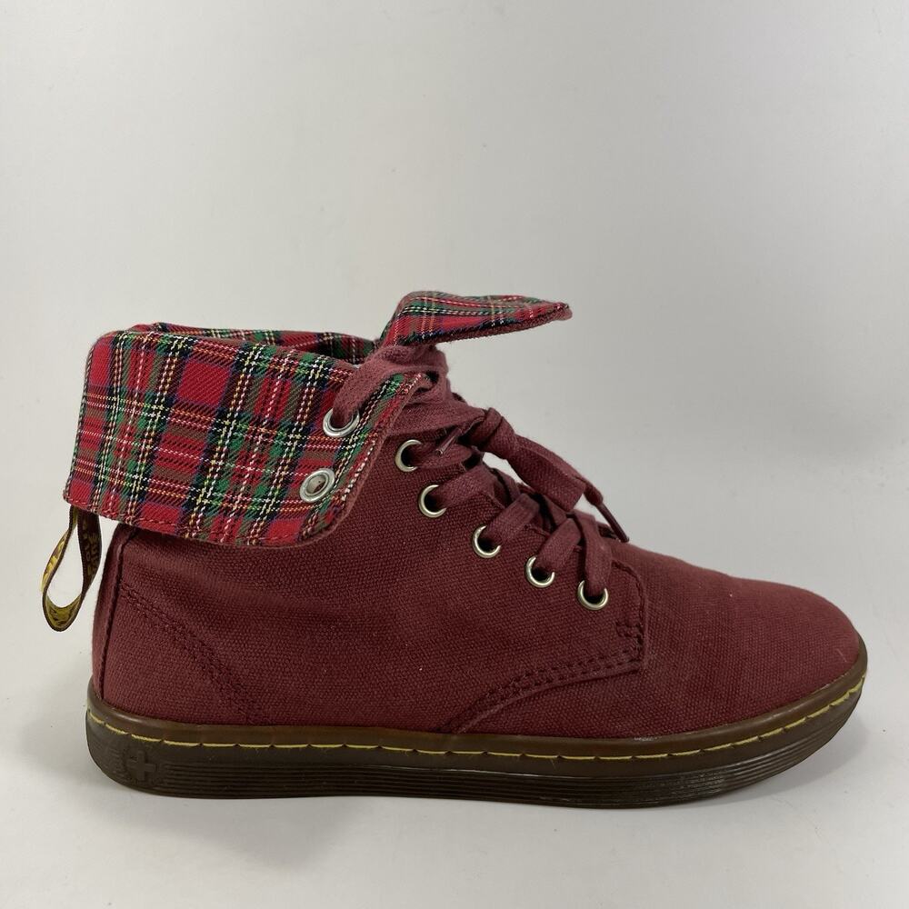 Dr Martens Docs Stratford Canvas Fold Over Boots Womens Size 6 Red Tartan Inlay